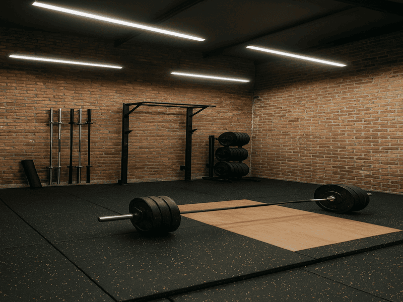 Um plano aproximado de ladrilhos de borracha pretos interligados a serem instalados num ginásio em casa.